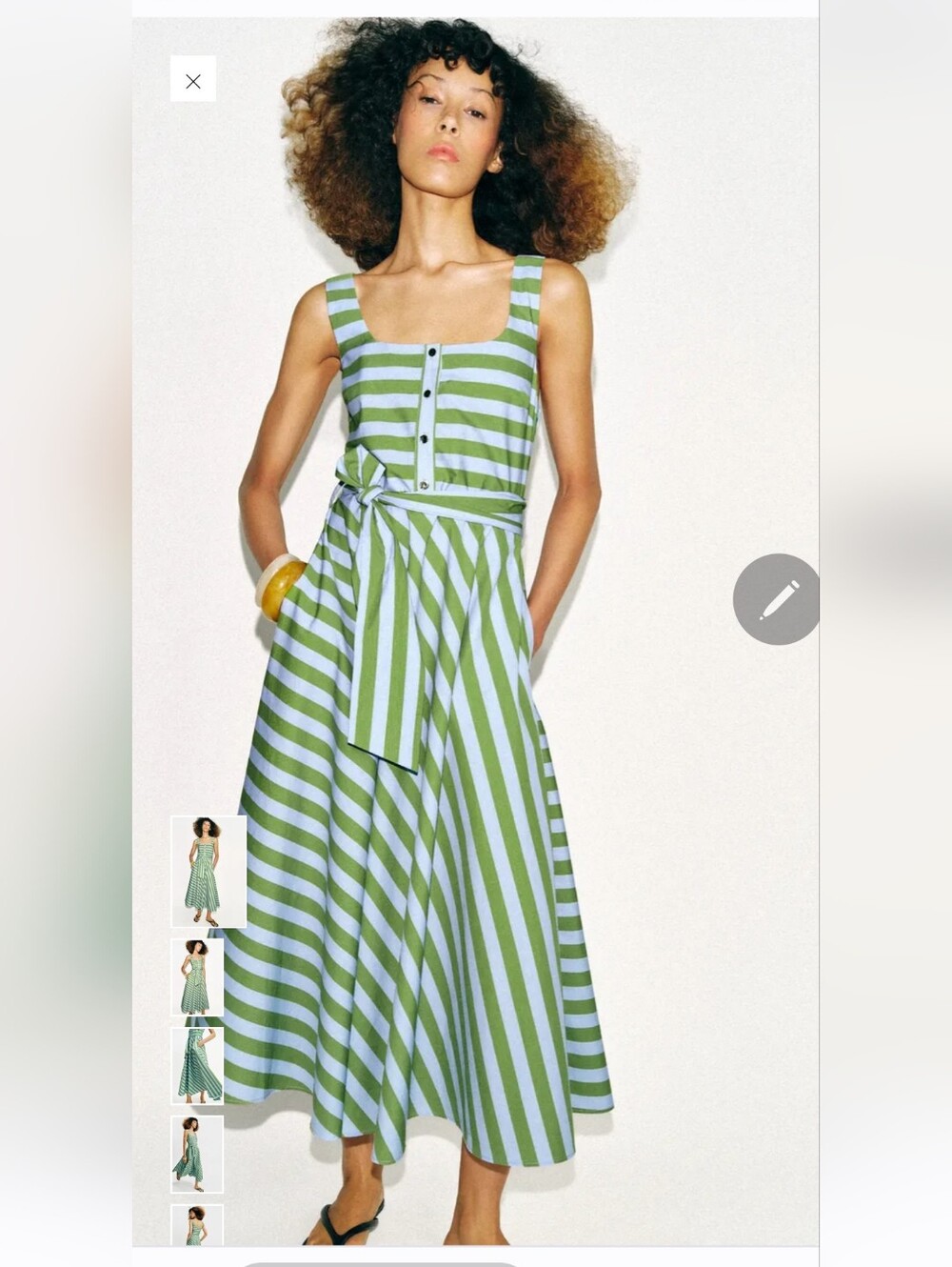 Zara Green and Light Blue Striped Midi Dress with Waist Tie